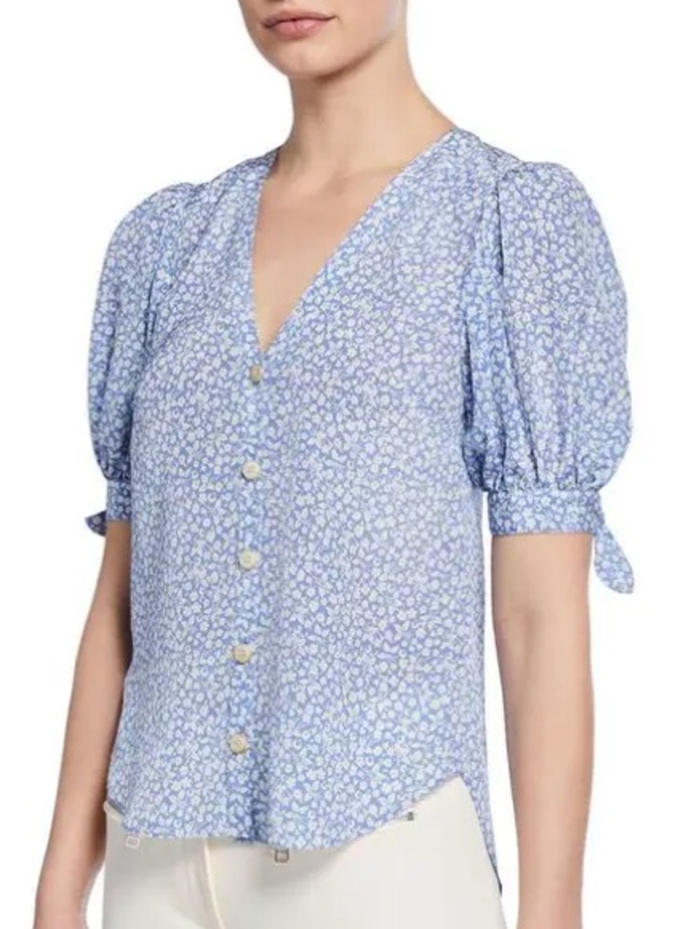 Veronica Beard Blue Floral Silk Puff Sleeve Button Down Blouse Sz 10